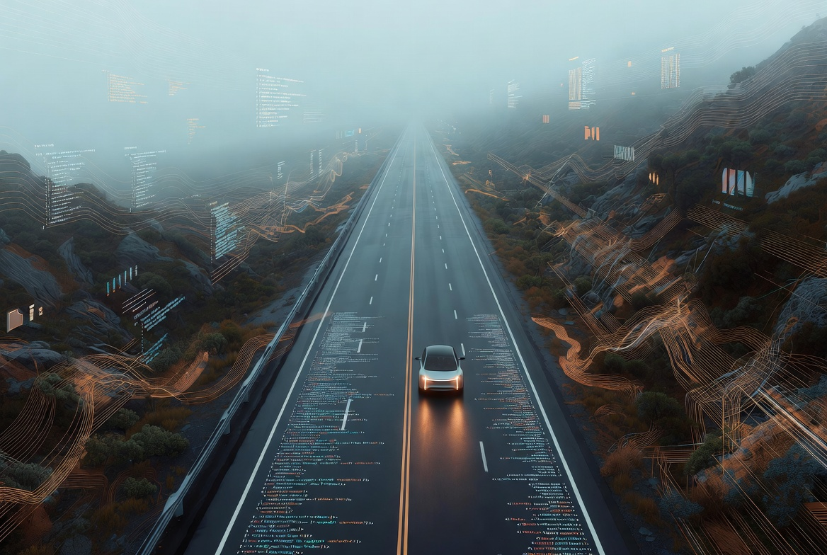 A sleek white autonomous car with glowing headlights drives straight down a dark asphalt highway that stretches into a thick misty fog toward a distant vanishing point. On both sides of the road, rugged rocky hillsides covered in scrub and tangled vegetation rise up. Glowing abstract overlays of computer code, configuration snippets, and flowing data streams appear on the road surface and dissolve into the surrounding landscape under soft cinematic lighting with cool blue fog and warm amber accents.