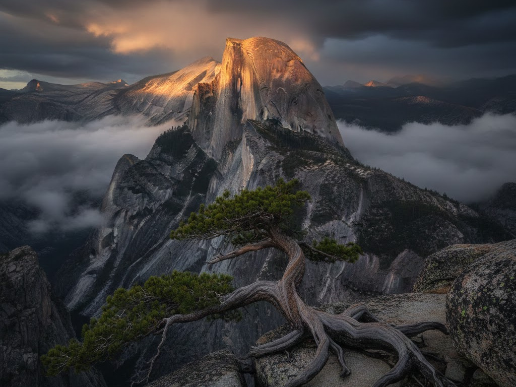 A gnarled pine tree with exposed roots on a rocky cliff overlooking Yosemite's Half Dome, illuminated by golden sunset light piercing through dramatic storm clouds with low mist in the valley.