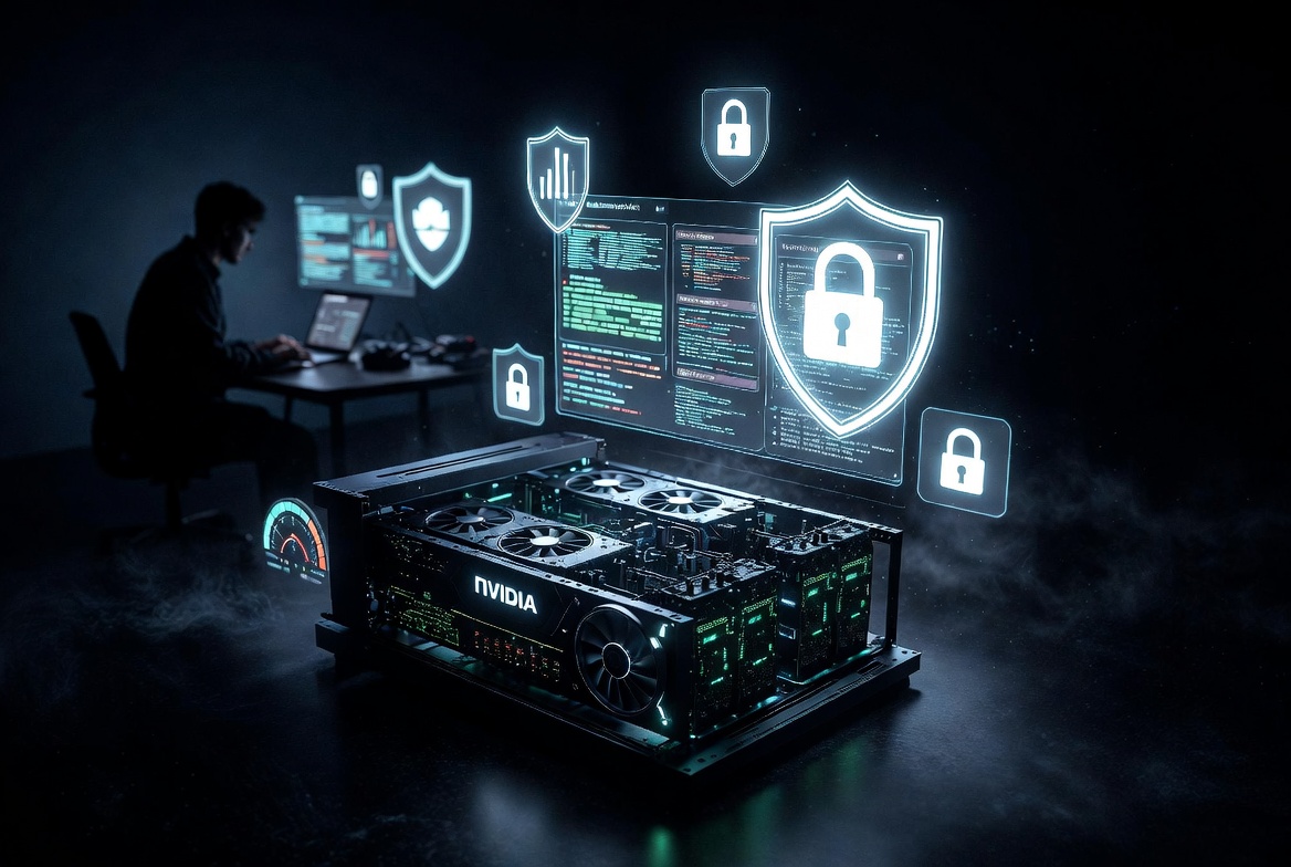 Dark cinematic illustration of multi-GPU NVIDIA server hardware in the foreground with glowing green accents, floating holographic privacy shields and padlock icons, code interfaces, and a silhouetted consultant working at a laptop in the background — cover art for an article on self-hosting AI economics and spare compute marketplaces