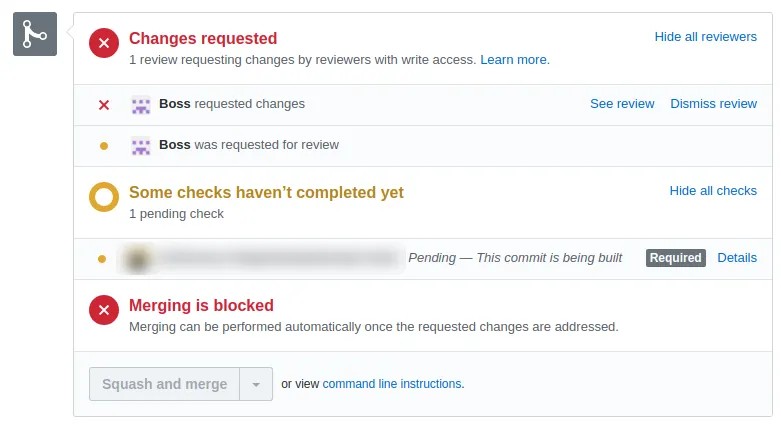 Changes requested screenshot of GitHub