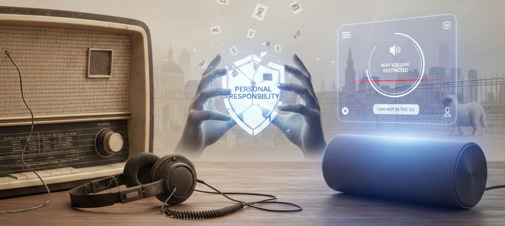 A conceptual collage contrasting old and new technology, featuring a vintage radio and headphones on the left and a modern cylindrical smart speaker on the right. In the center background, two hands hold a glowing, digital shield that says 'PERSONAL RESPONSIBILITY' as pieces fly off it. Above the smart speaker, a holographic user interface displays 'MAX VOLUME RESTRICTED' and a button that reads 'I AM NOT IN THE EU'.