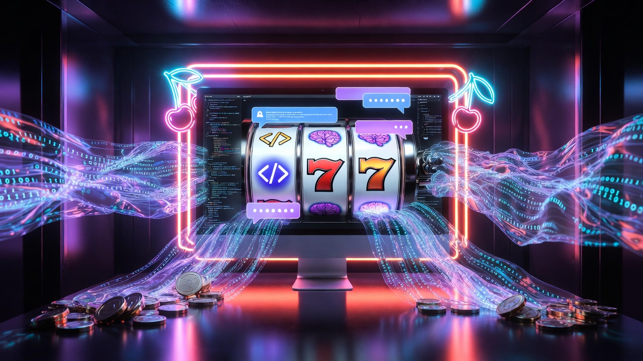 A conceptual digital illustration of a slot machine emerging from a computer monitor, framed by glowing neon cherry signs. The slot reels display coding brackets, brains, and the number 7. Streams of glowing blue binary data flow out from the sides, and gold coins are scattered across the foreground against a dark, futuristic background.