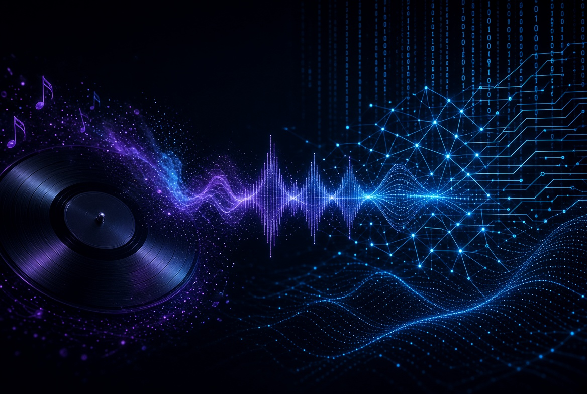 Vinyl record morphing into glowing sound waves and neural networks, representing AI music