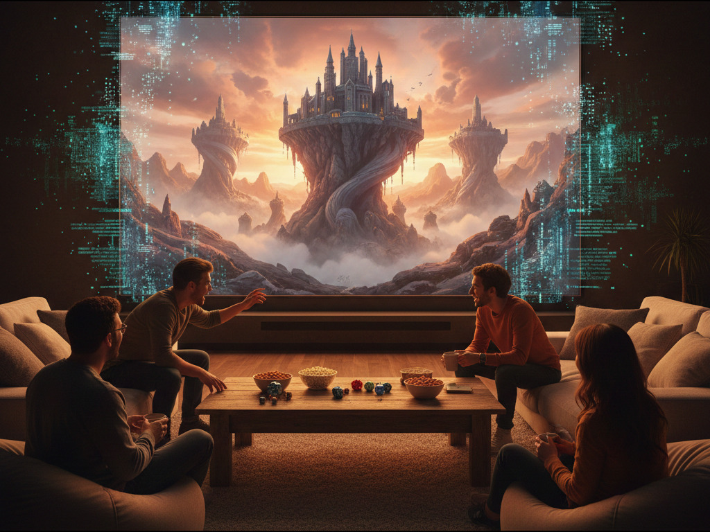 Four friends in a living room watching a large, futuristic screen displaying a fantasy castle floating above the clouds, surrounded by digital data streams.